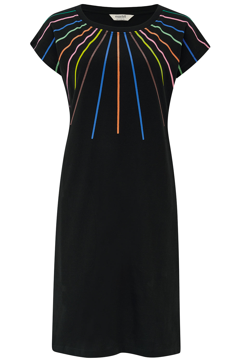 Black dress with colorful vertical stripes on a white background