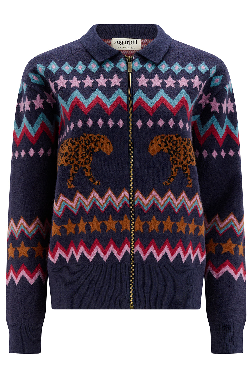Navy blue zip-up sweater with colorful pattern and animal designs on a white background
