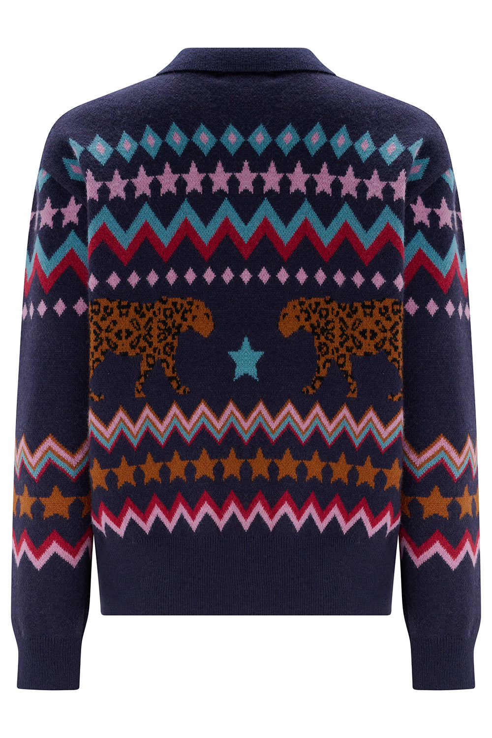 Navy sweater with colorful pattern featuring leopards and stars on a white background