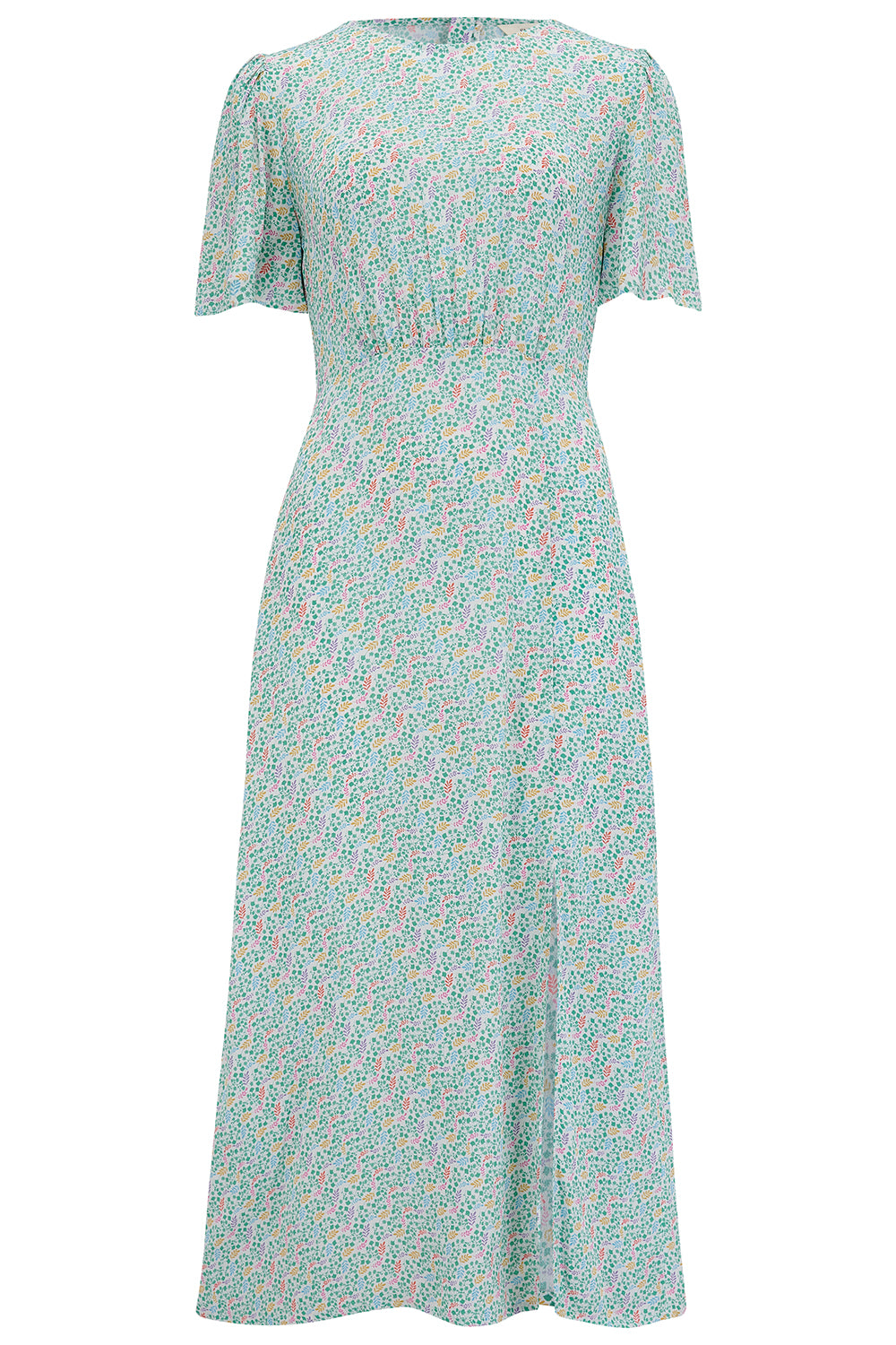 Mid-length off-white floral print dress with sleeves.