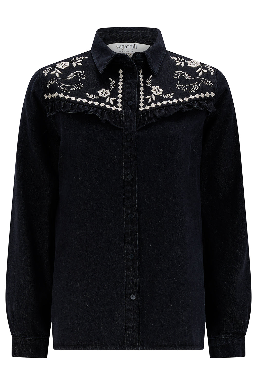 Black denim shirt with embroidered details on a white background