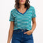 Sugarhill Brighton model wearing a green and white striped shirt with blue jeans on a white background