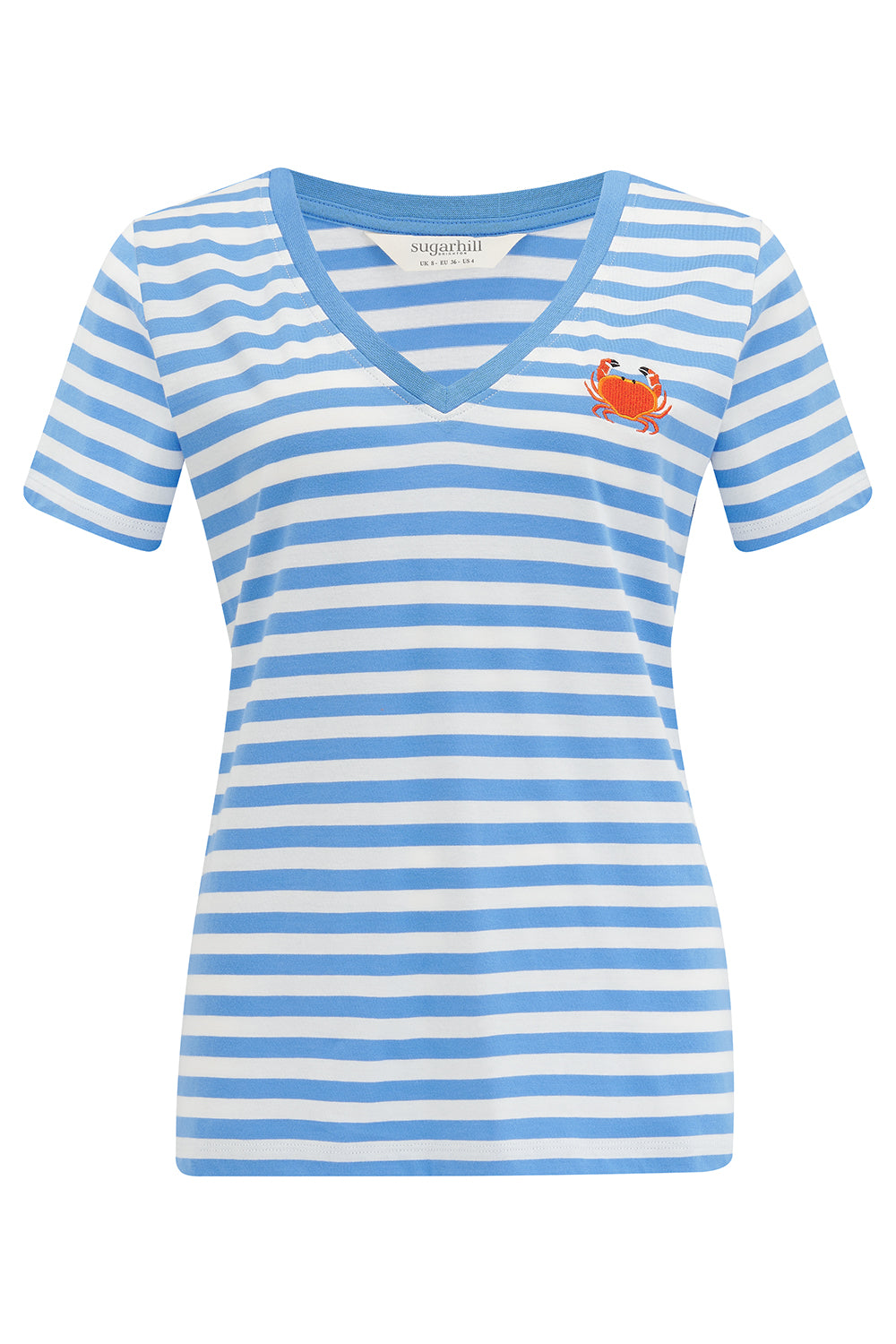 A striped V-neck t-shirt in pastel blue and white, with a small graphic of a crab on the front.