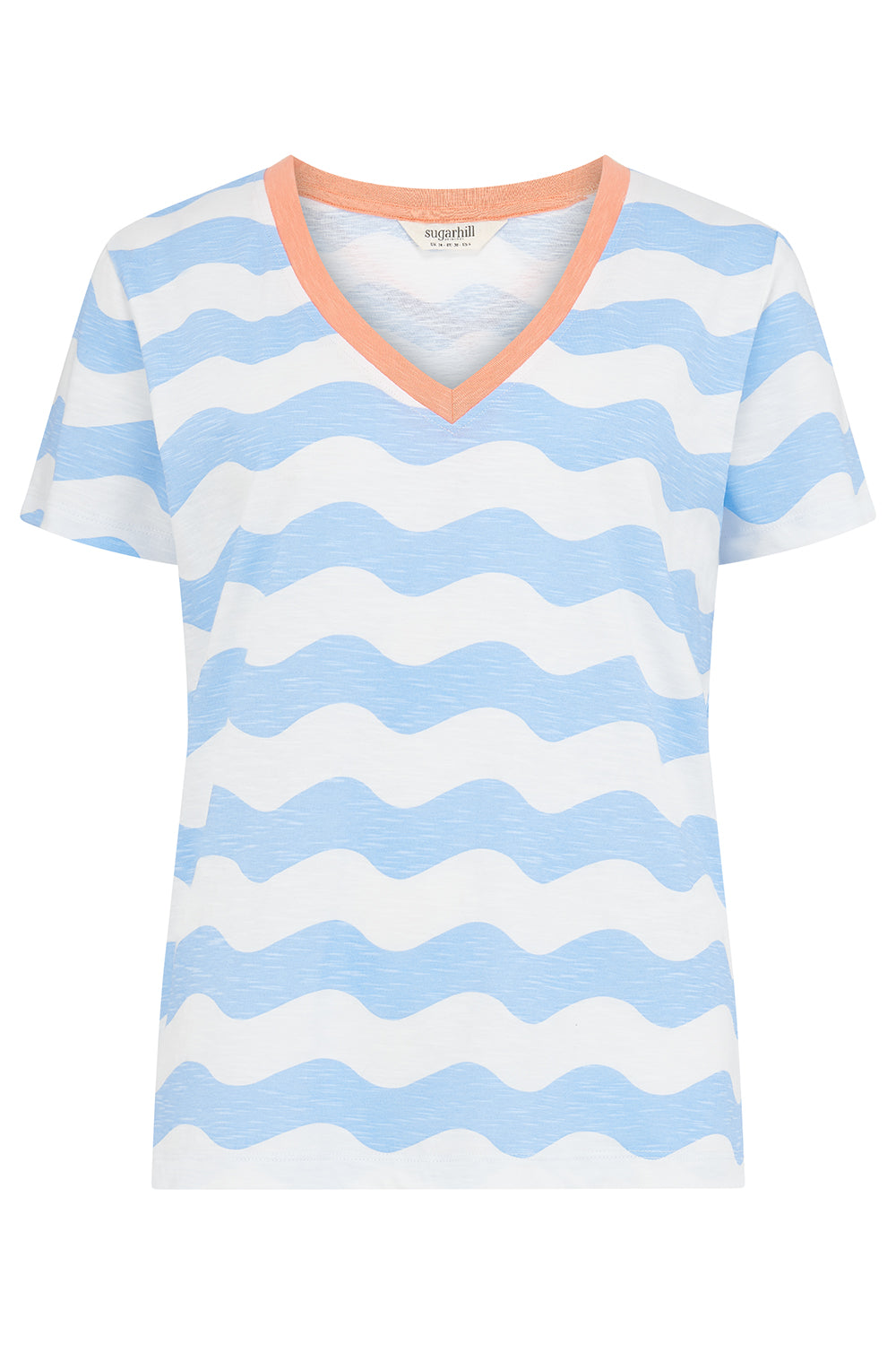 Blue and white striped t-shirt with a pink neckline on a white background