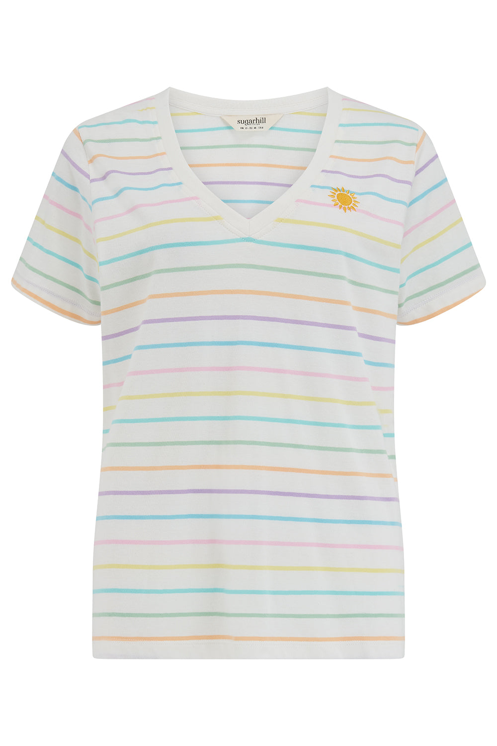 Striped t-shirt with a brand logo on a white background