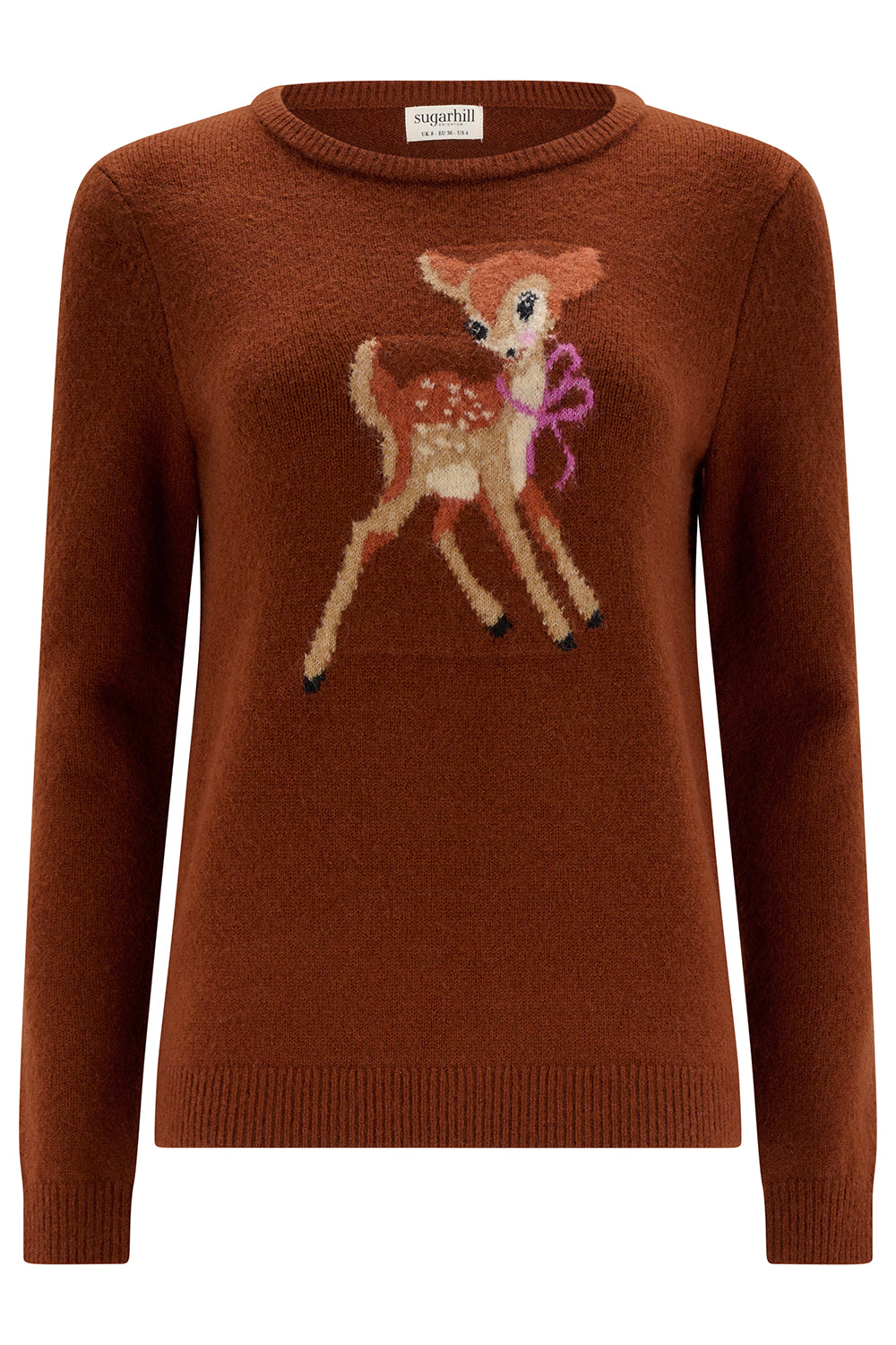 Brown sweater with a deer design on a white background