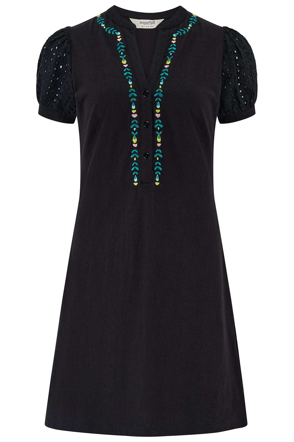 A black dress with puff sleeves on a white background