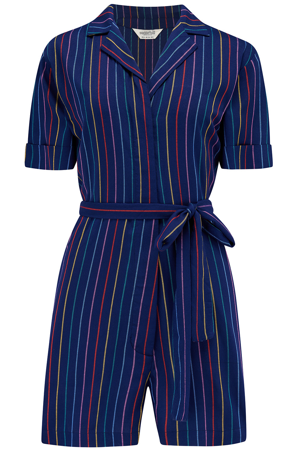 A navy playsuit with thin rainbow stripes, featuring a V-neck shirt collar, button-down front, and a tie belt.