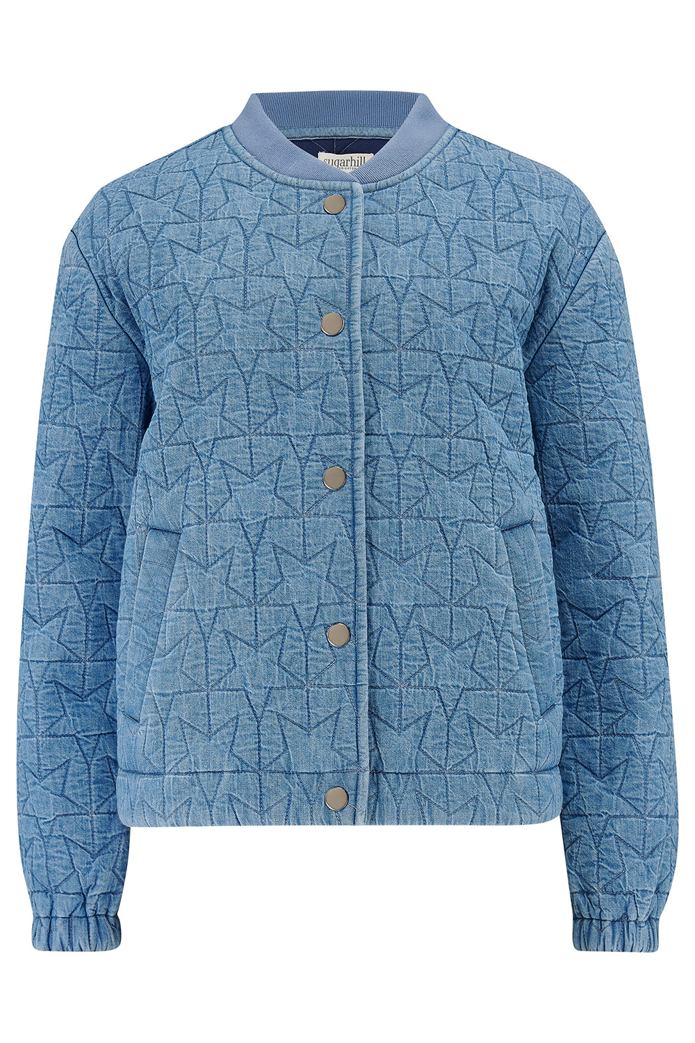 A light blue denim quilted bomber jacket with star quilt pattern, featuring a crew neck, popper front fastening, and elasticated back hem and cuffs.