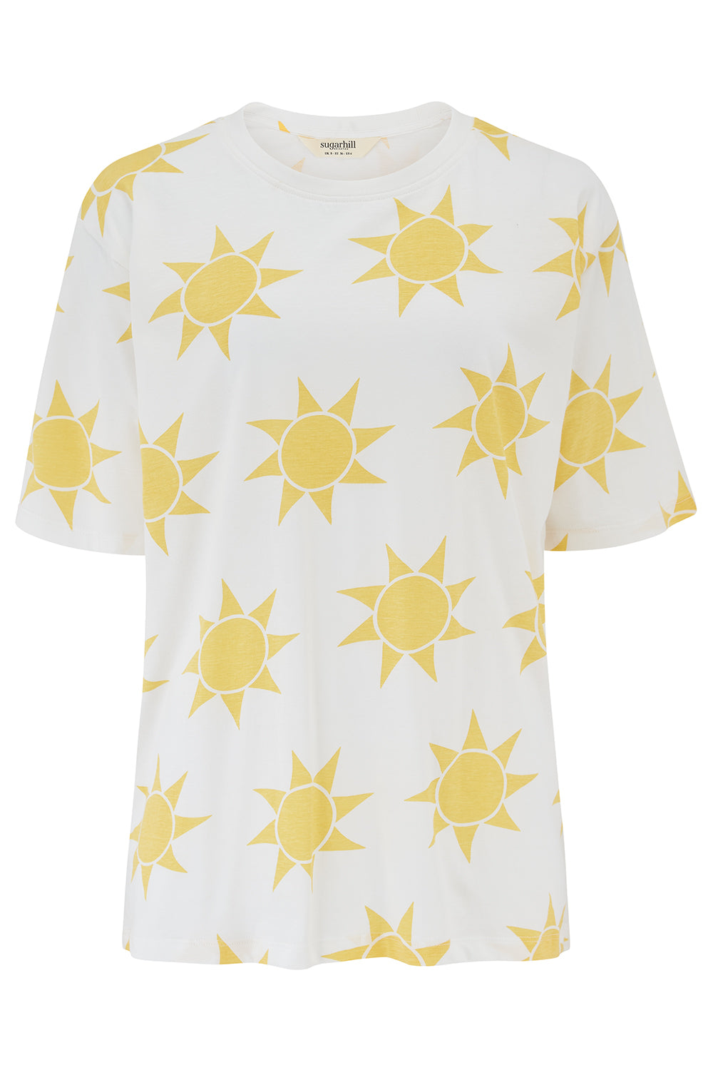 White t-shirt with yellow sun patterns on a white background