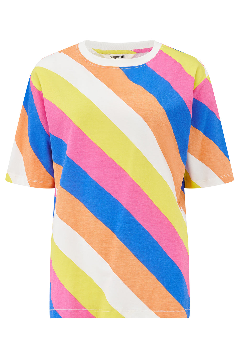 Colorful striped t-shirt with a white background