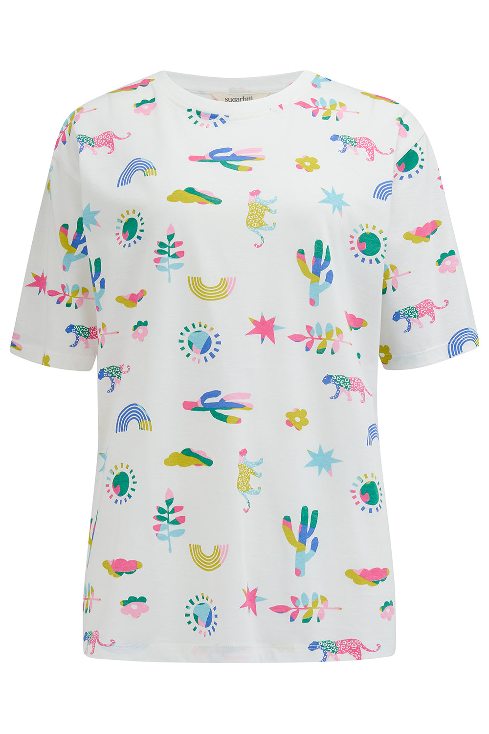 An off-white Kinsley Relaxed T-shirt with a round neck and short sleeves, featuring a colorful floral and animal pattern.
