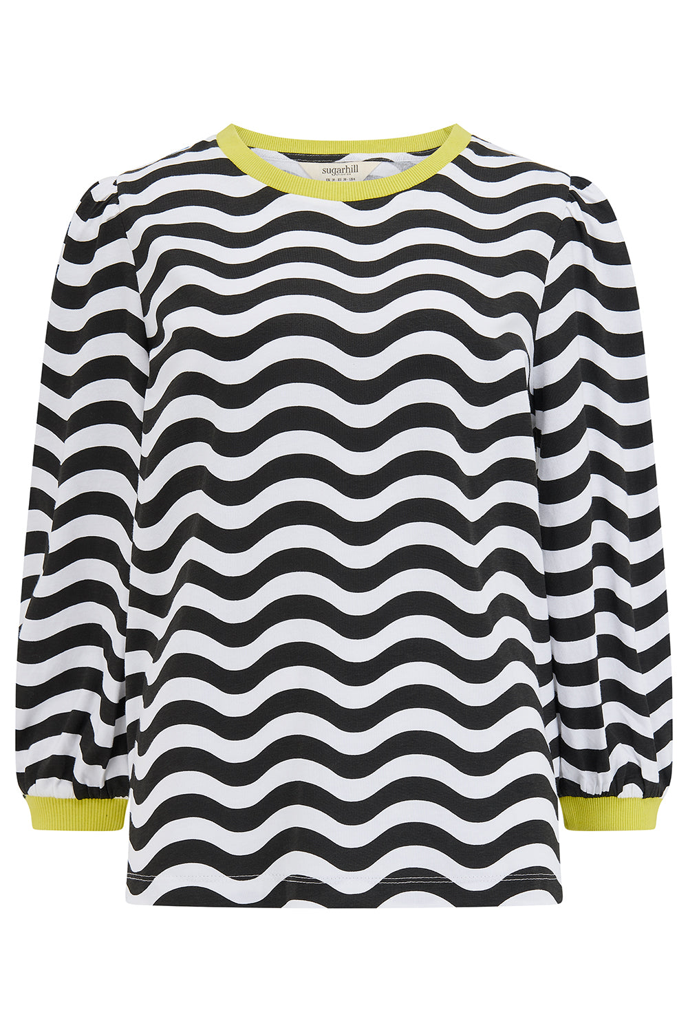 Black and white striped sweater with yellow accents on a white background