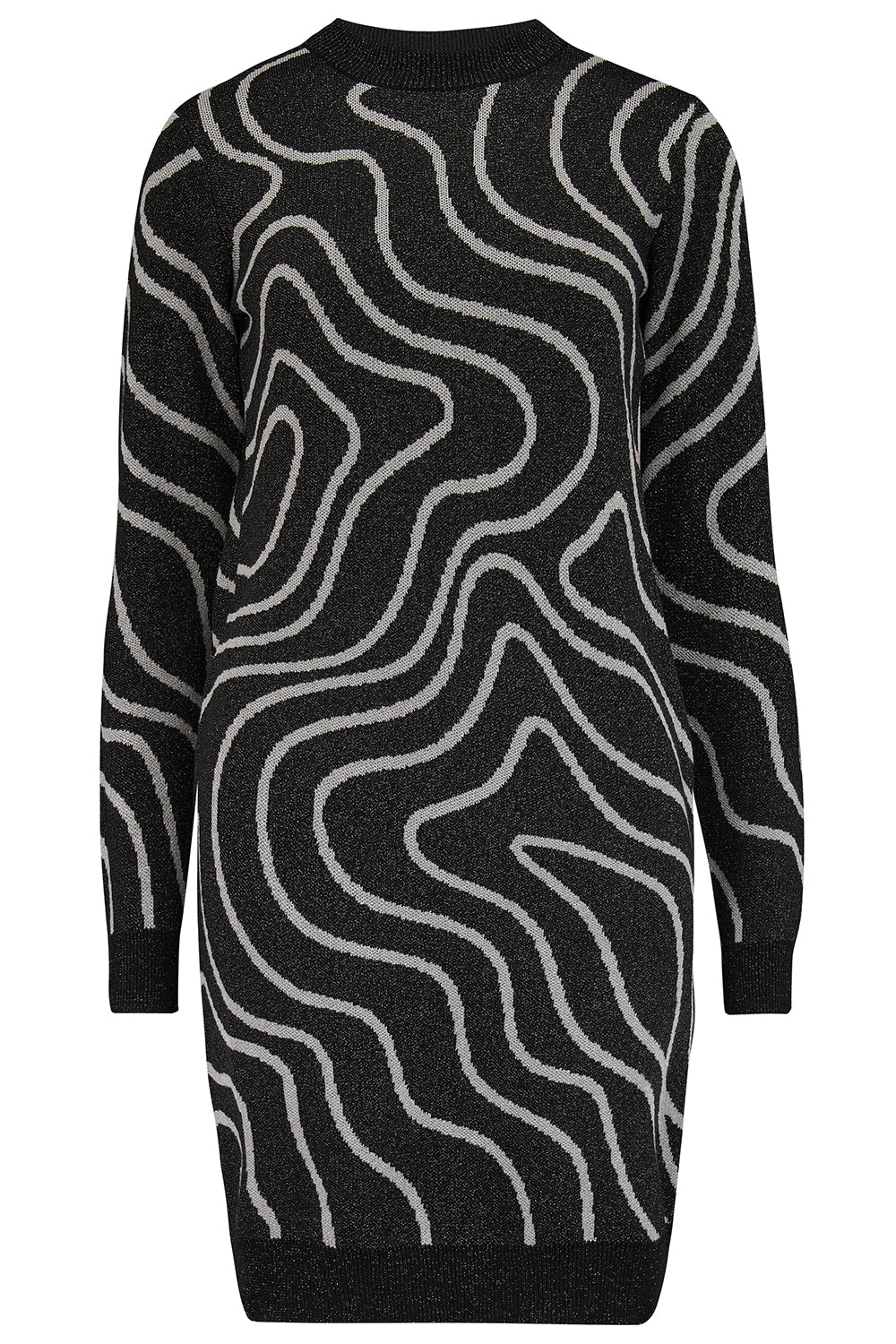 A long sleeve, mini knit dress with a crew neckline featuring gunmetal and silver swirls.