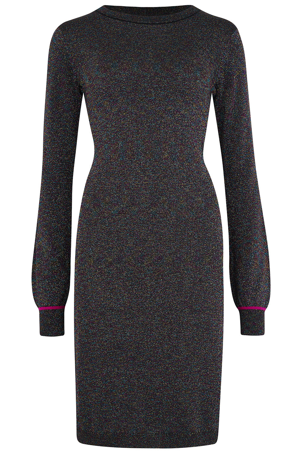 A long-sleeve knit dress with a dark charcoal gray and black speckled texture, featuring a crew neck and contrasting bright pink cuffs, shown against a plain white background.