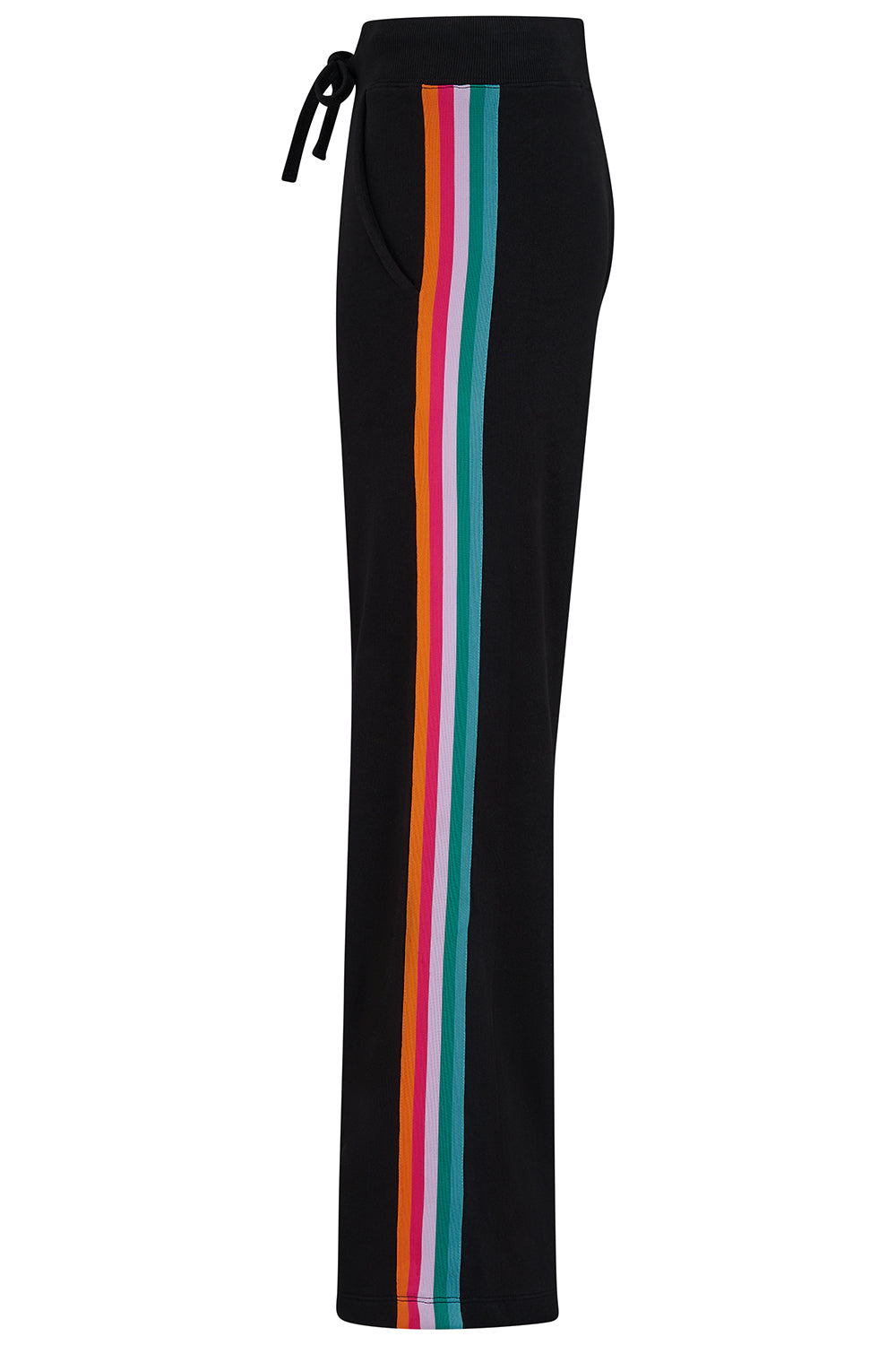 Black pants with colorful stripes on a white background