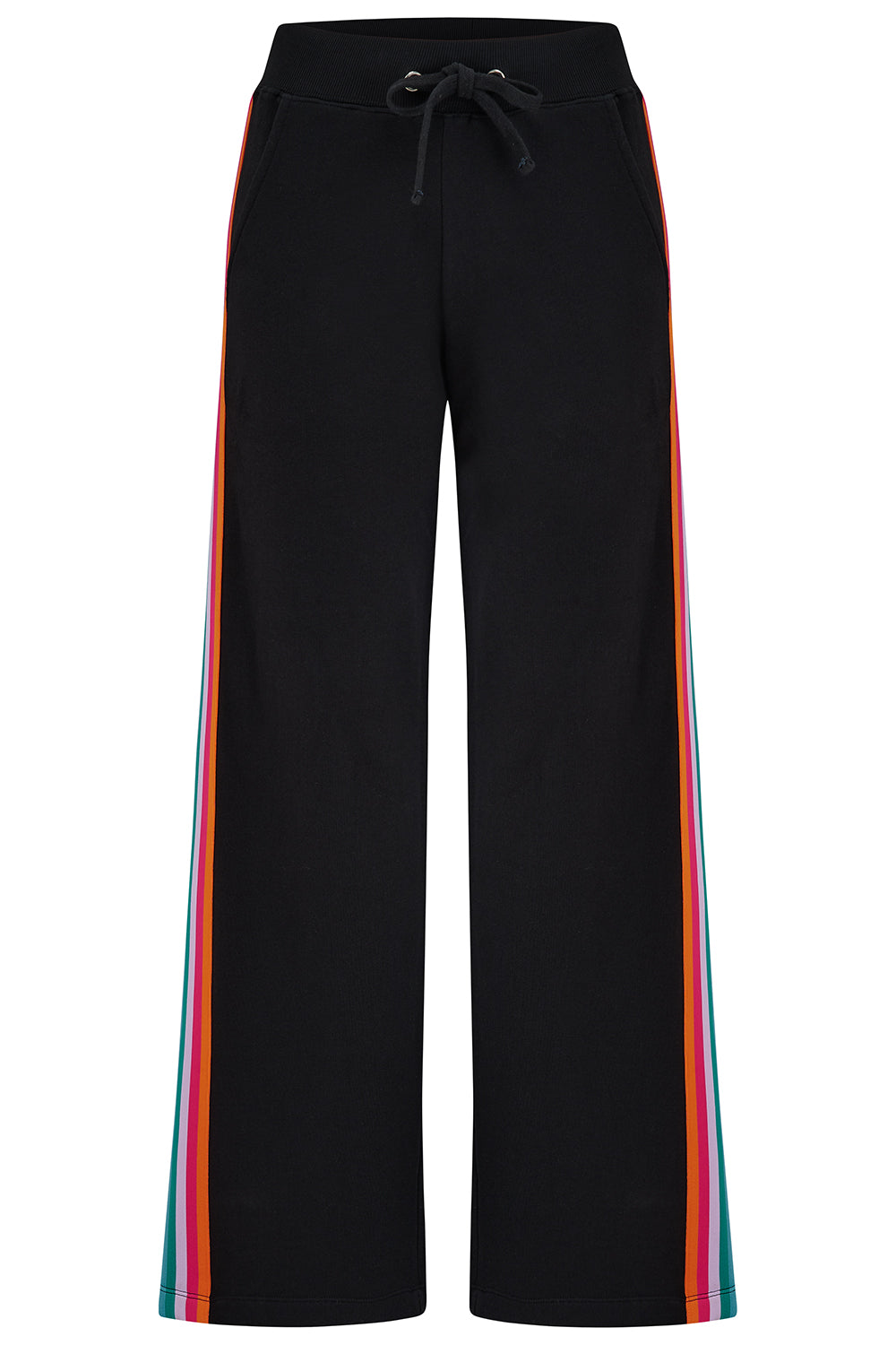 Black pants with colorful side stripes on a white background