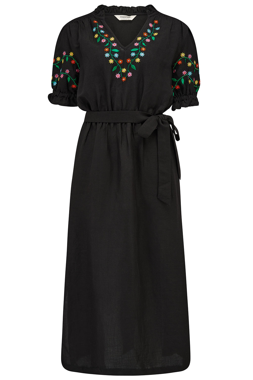 Black dress with colorful floral embroidery on a white background