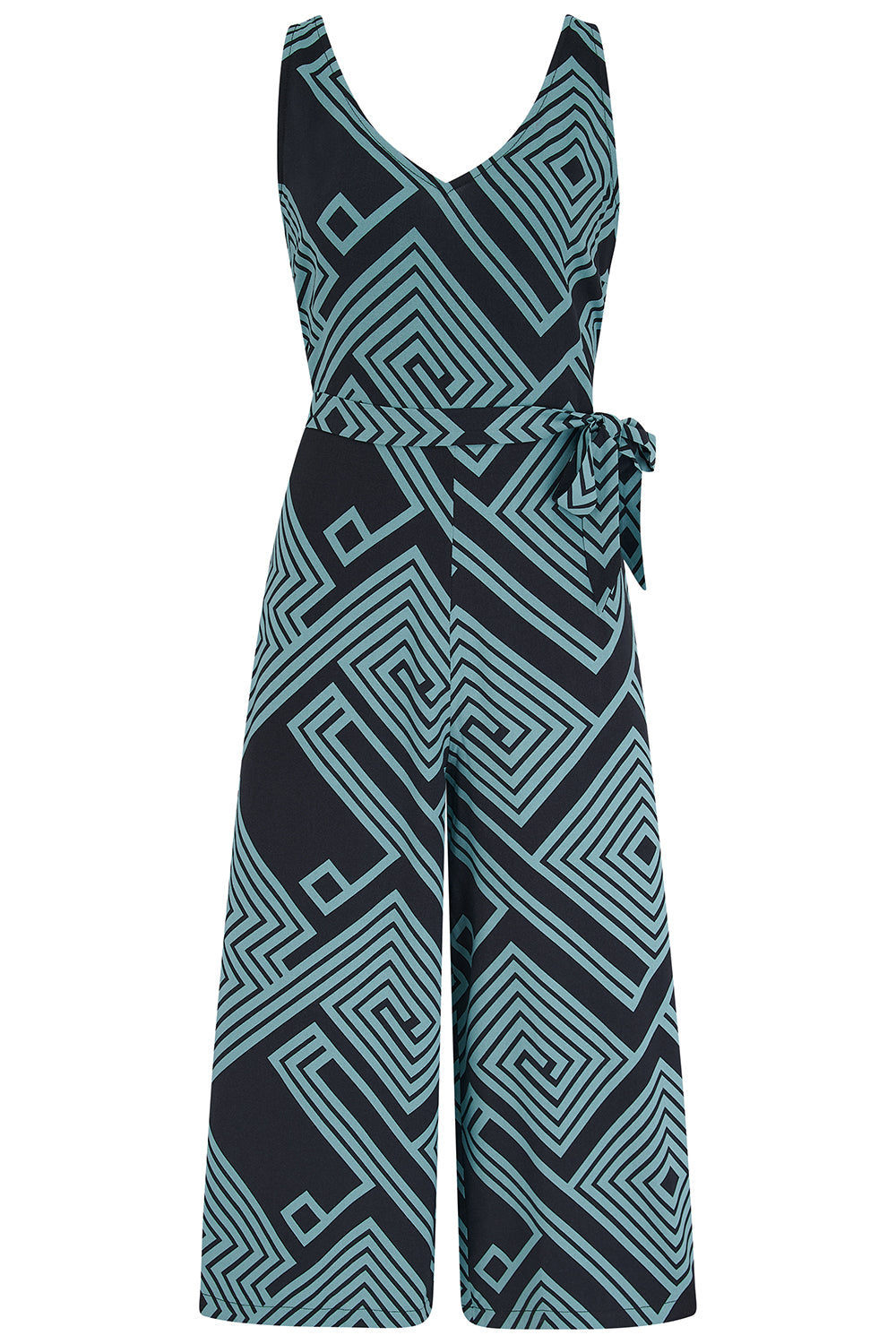Geometric patterned jumpsuit on a white background