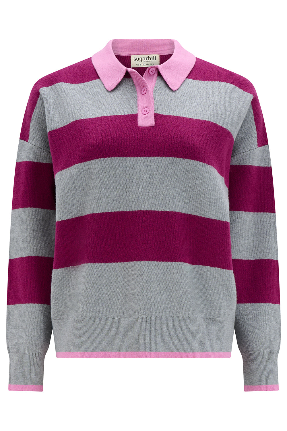 Striped sweater with pink collar and buttons on a white background