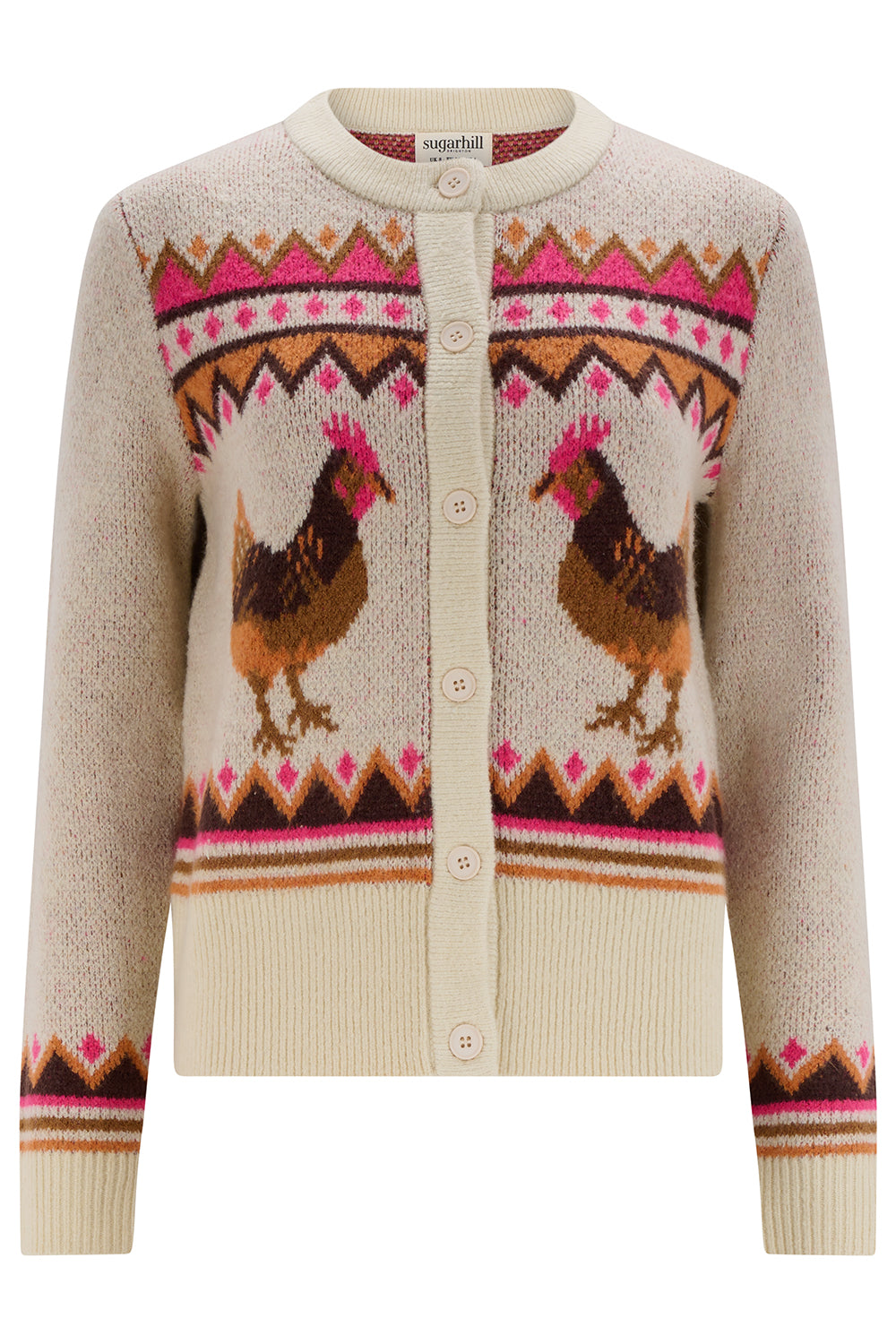 Cardigan with chicken pattern on a white background