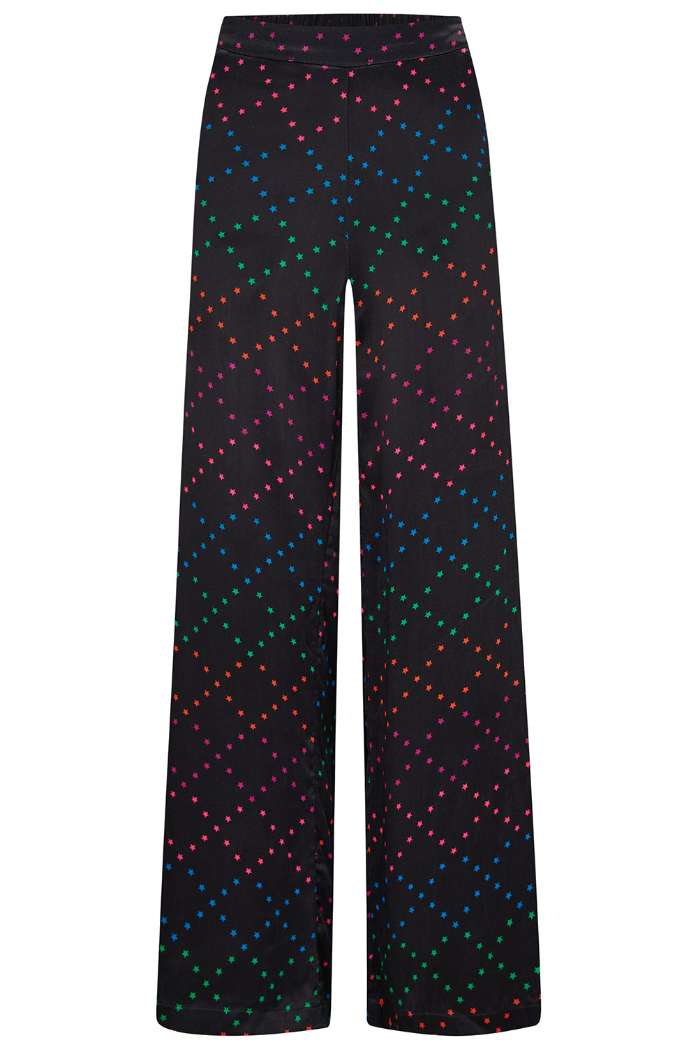 Black trousers with a colorful geometric star pattern on the lower half,