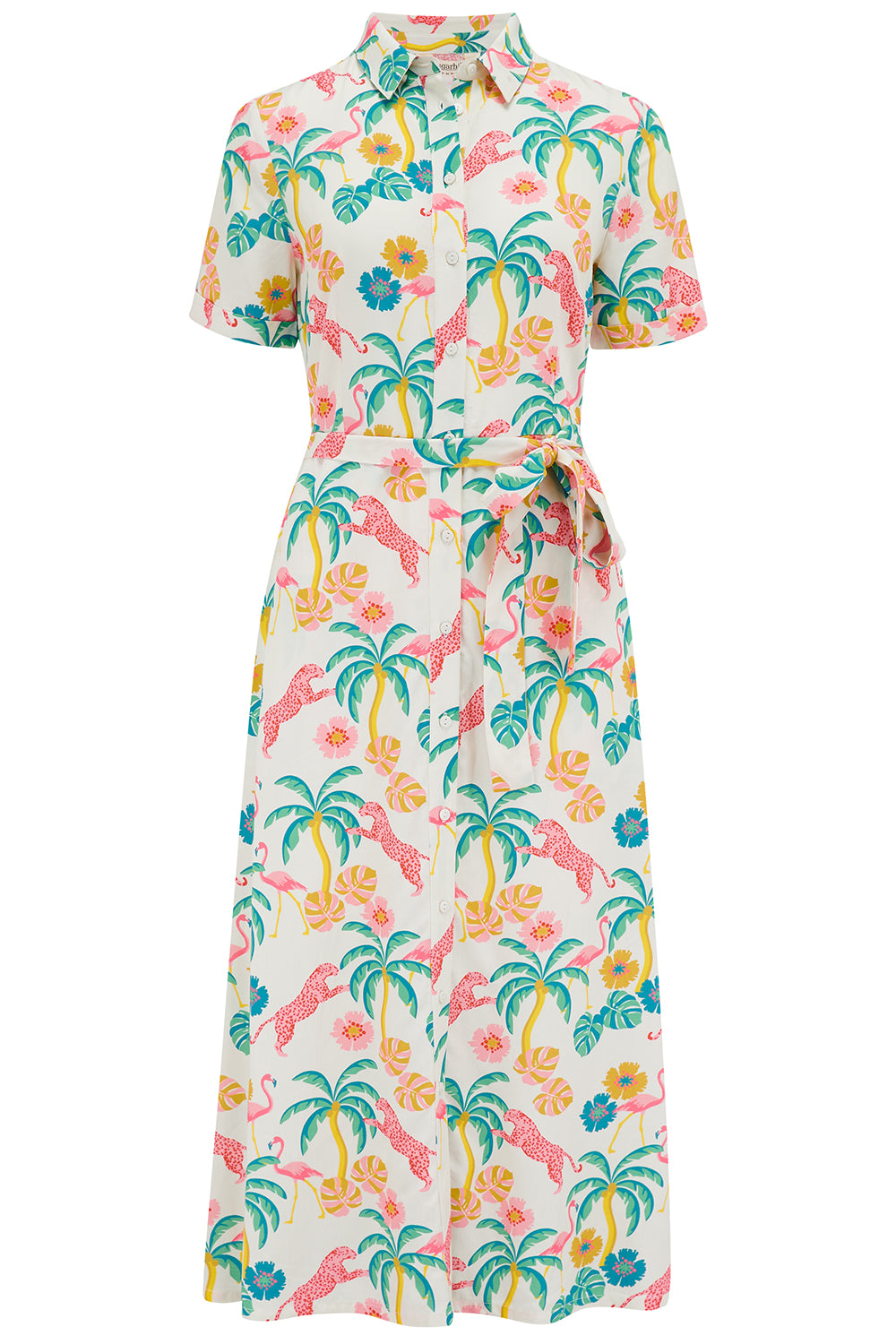 An off-white shirt dress with a colorful floral print, featuring a button-up front, a shirt collar, and a tie waist belt.