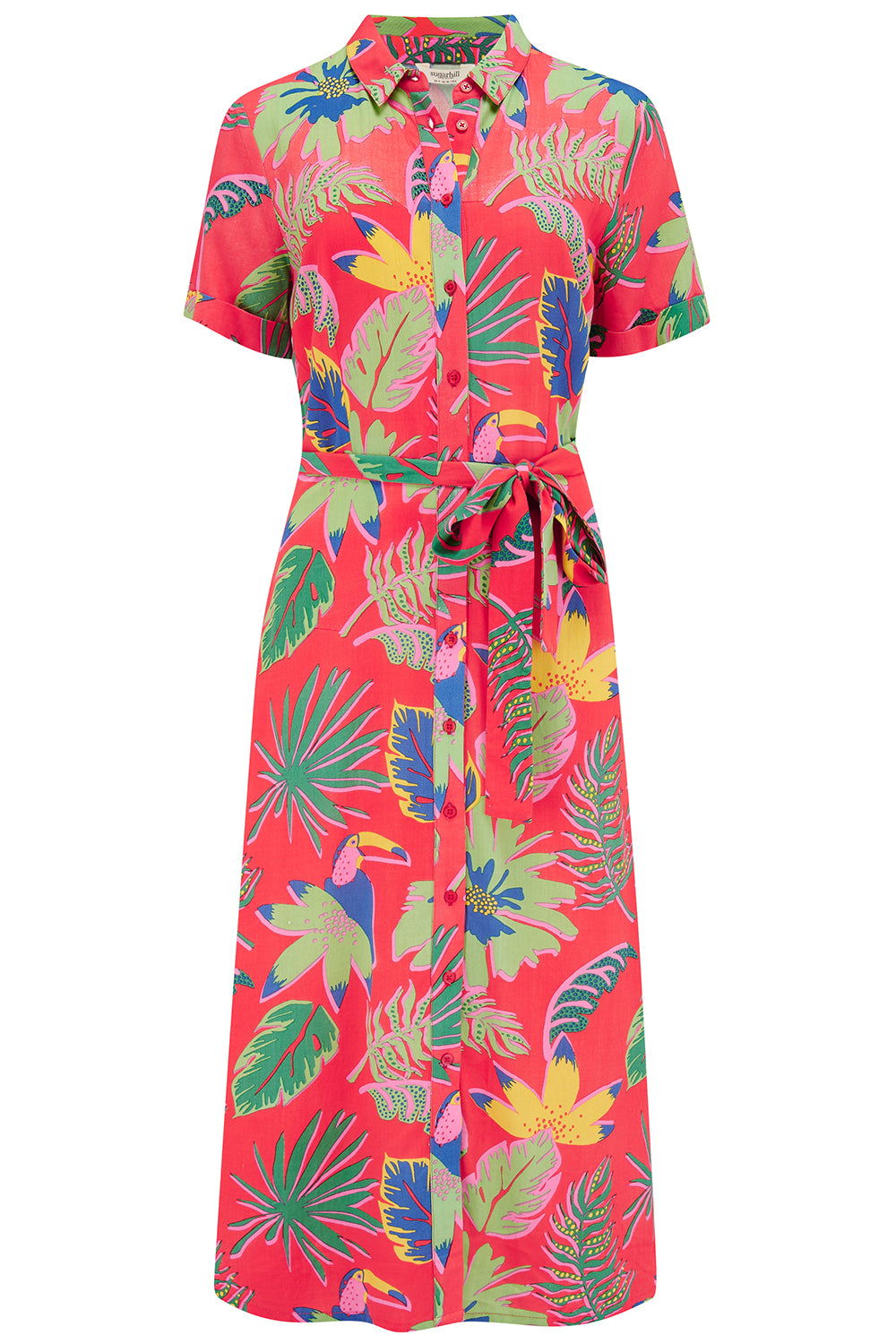 A red shirt dress with a Tropical Toucans print, featuring a button-up front, a shirt collar, and a tie waist belt.