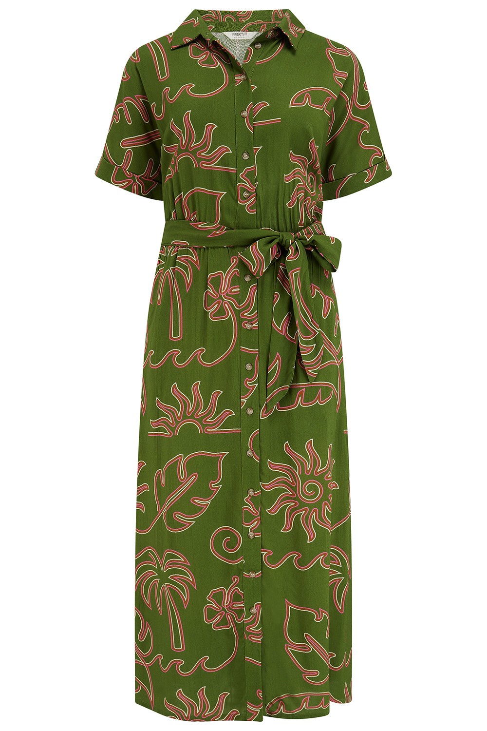 Green dress with brown floral pattern on a white background