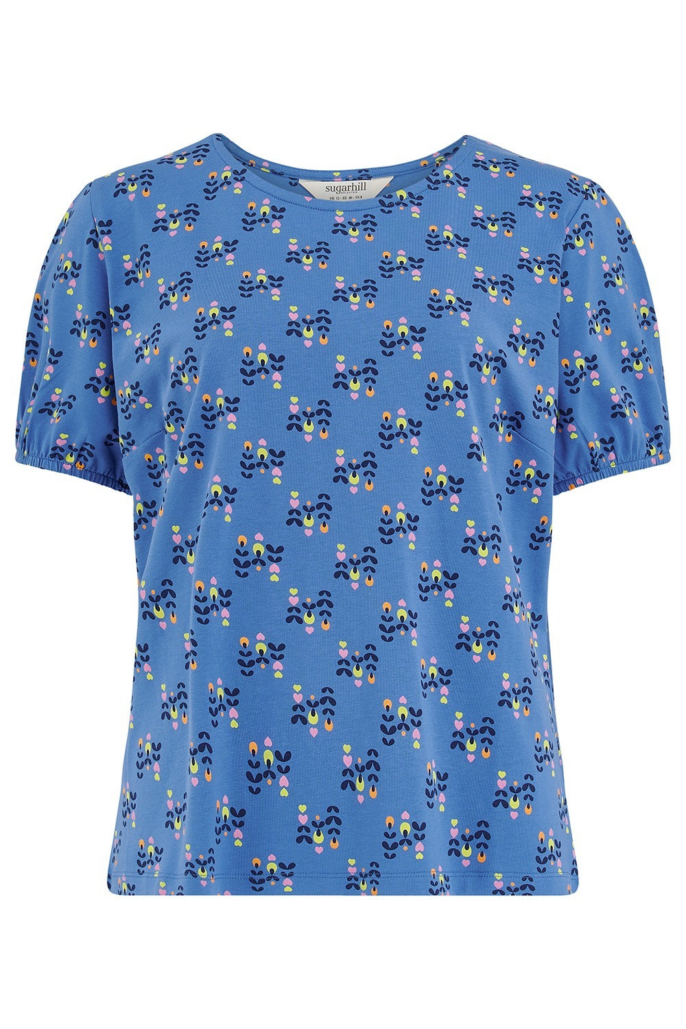 Blue t-shirt with colorful pattern on a white background