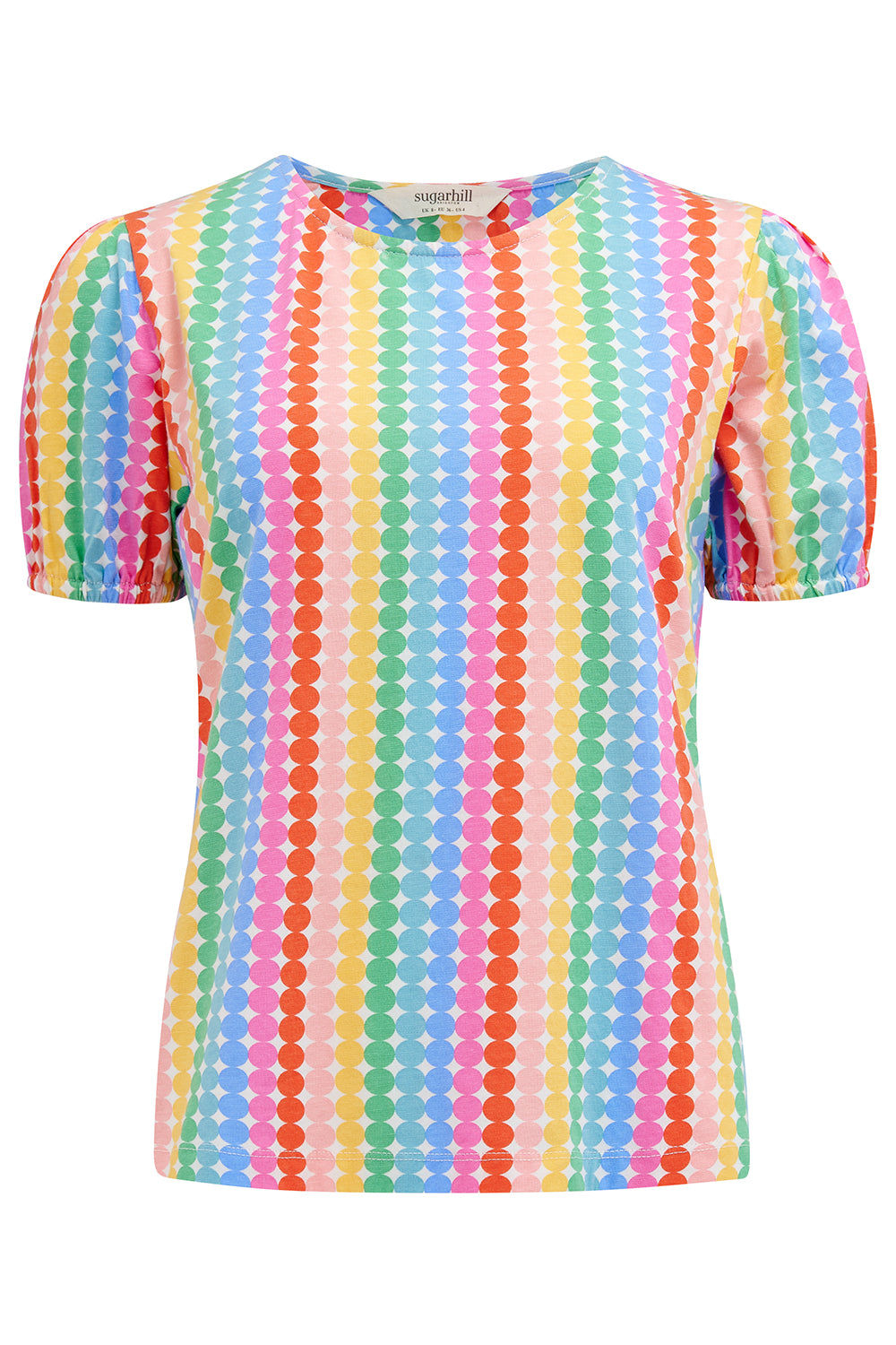 A multicolored, rainbow-striped jersey top with short sleeves.