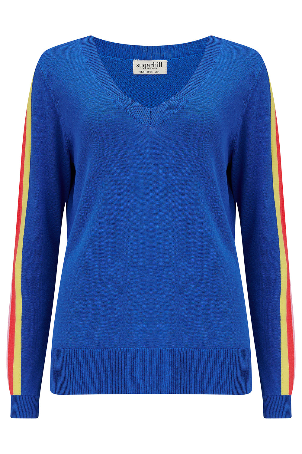 A blue V-neck jumper with colorful stripes on the sleeves. The jumper has a semi-fitted silhouette and falls to mid-hip.