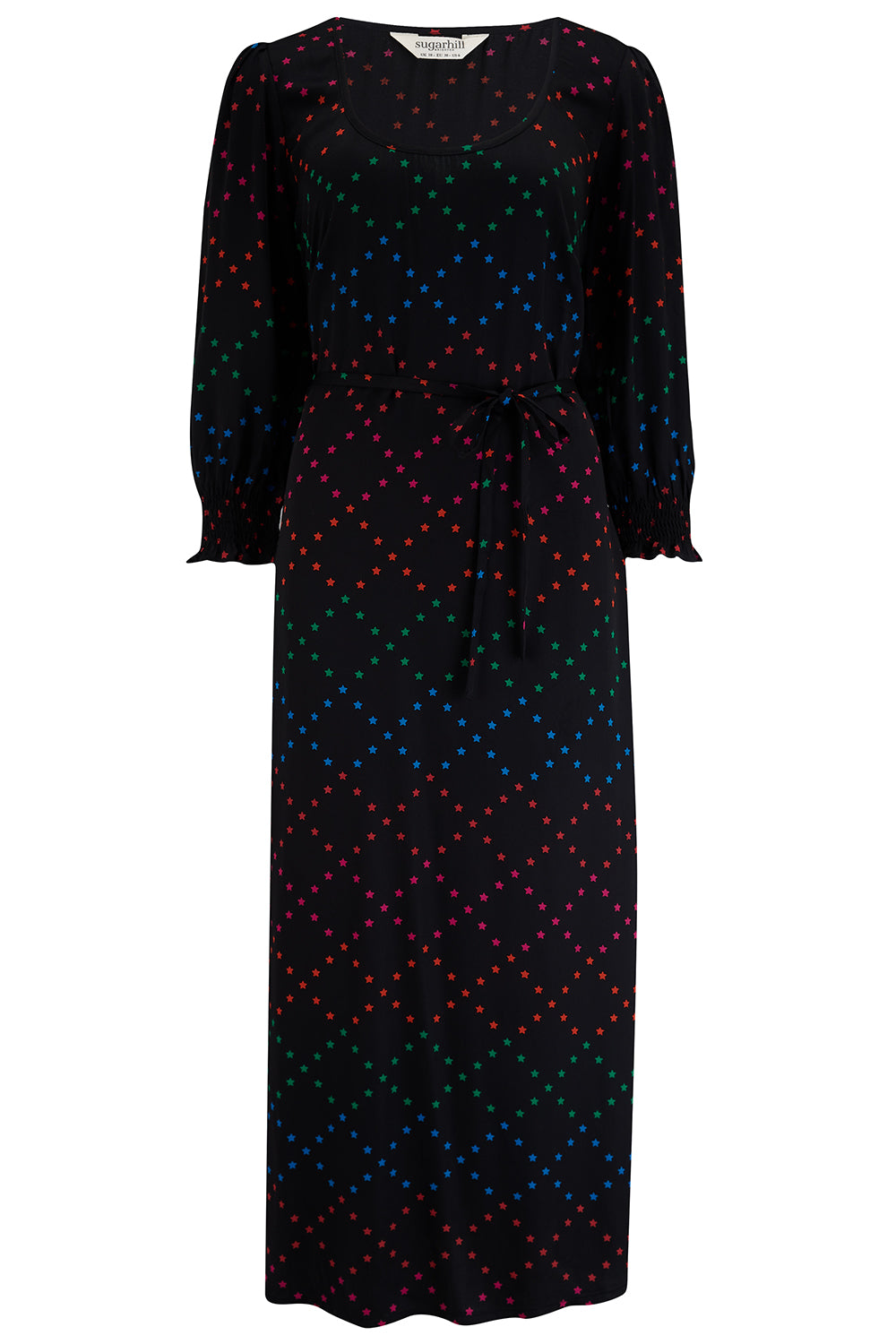 A black and rainbow star lattice print midi dress with three-quarter length sleeves and a scoop neck.