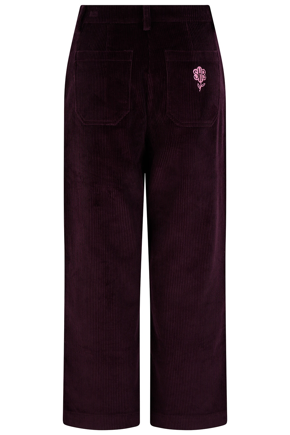 Dark purple corduroy pants with a floral patch on a white background