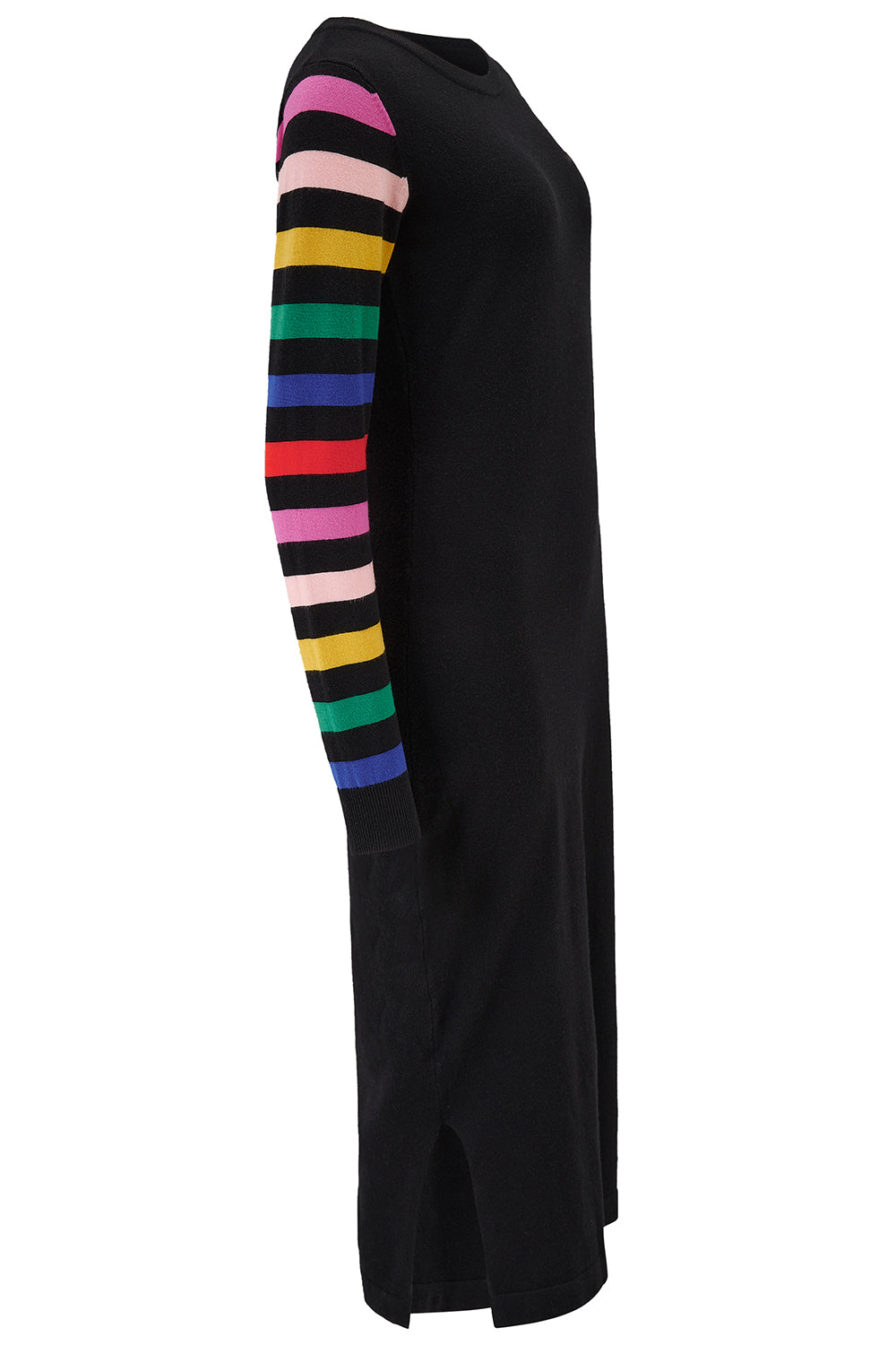 Black dress with colorful striped sleeves on a white background