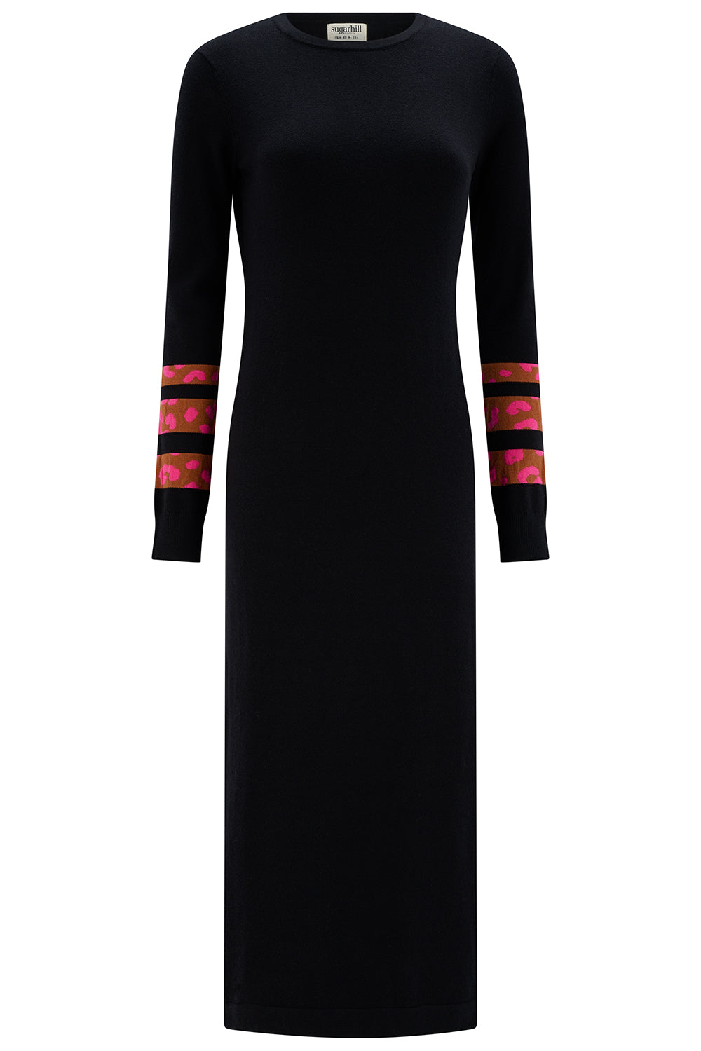 Black dress with colorful arm bands on a white background