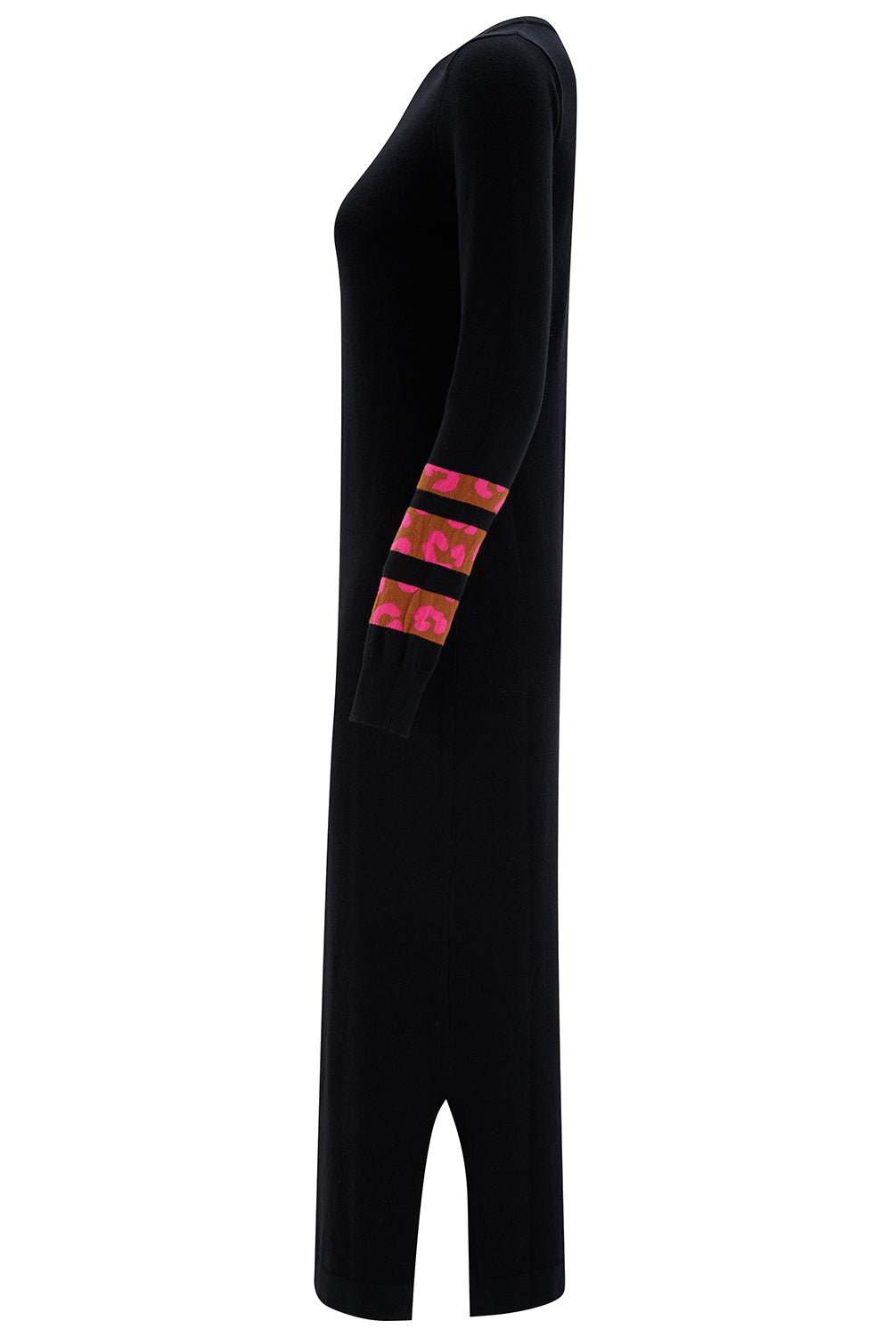 Black jumpsuit with pink and red pattern on sleeve against a white background