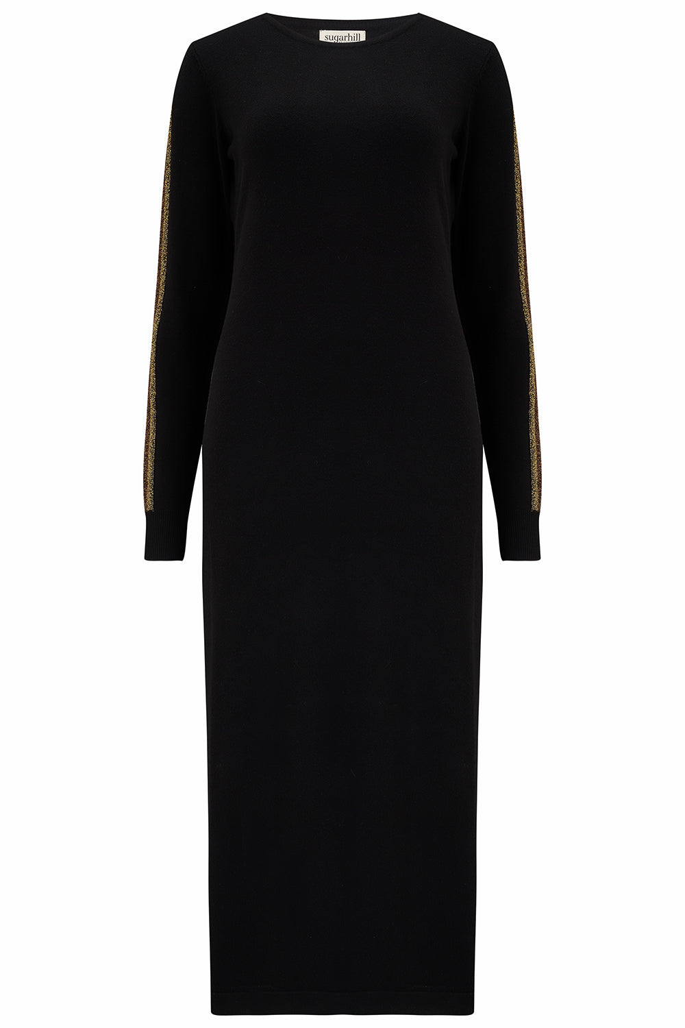A  black midi knit dress with metallic stripes on the sleeves