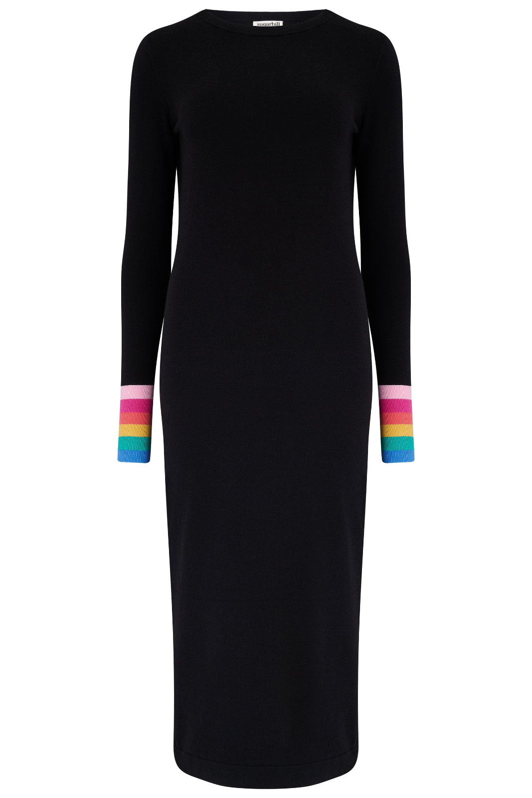 Black dress with rainbow cuffs on sleeves against a white background