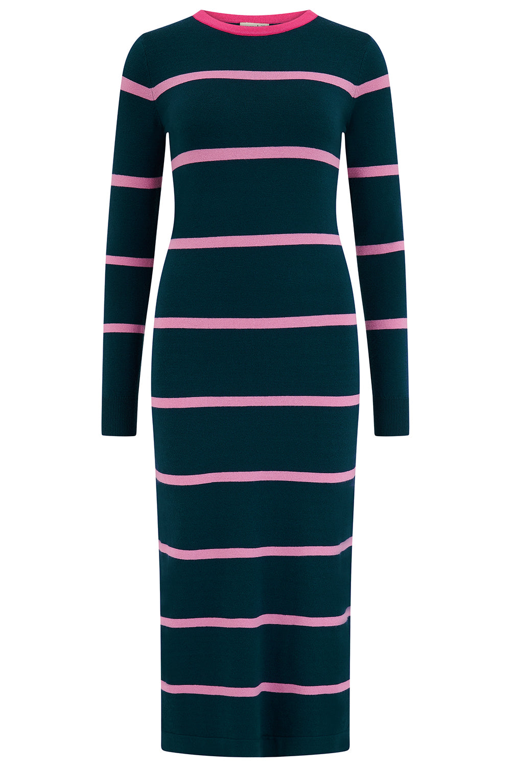 Navy and pink striped dress on a white background
