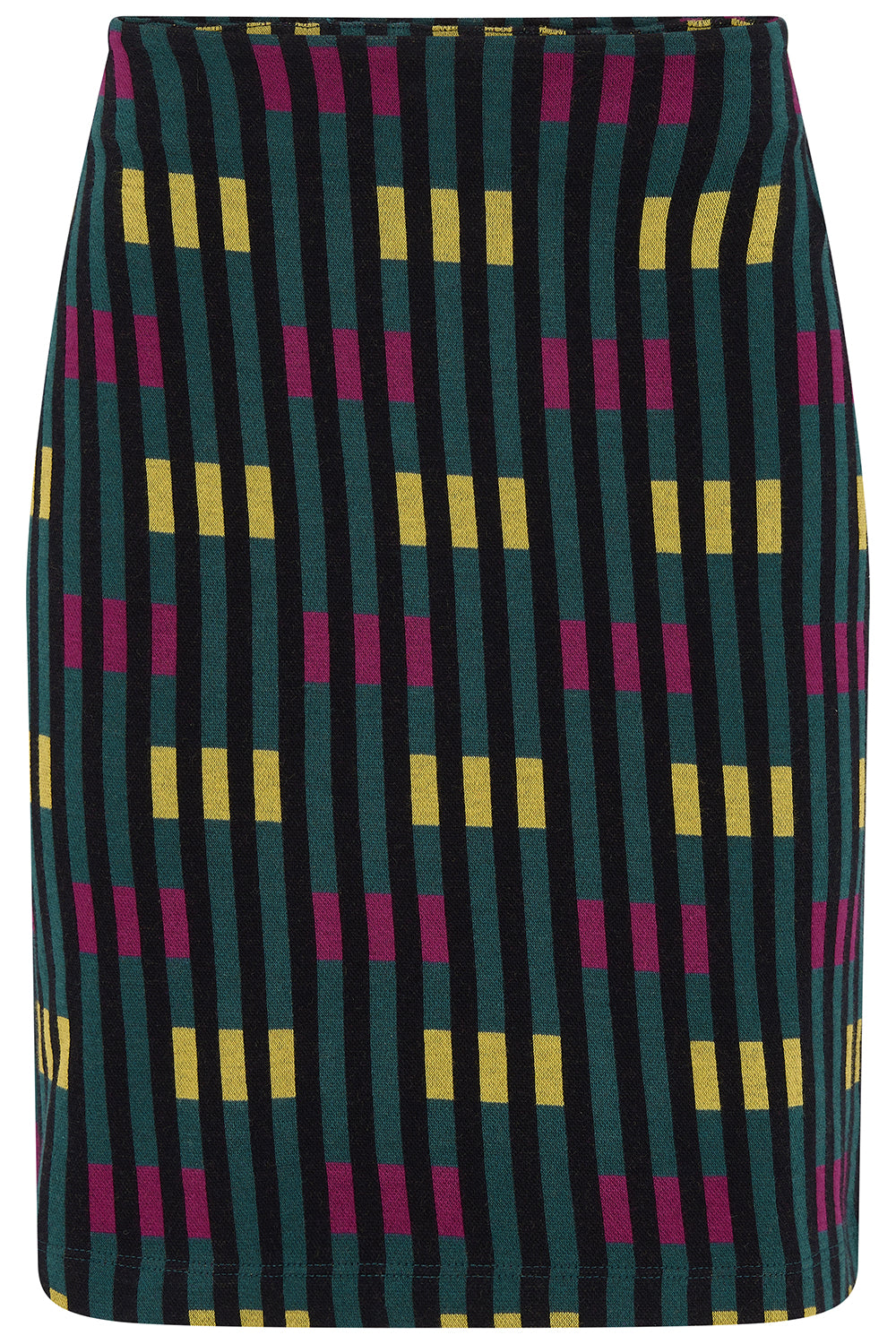 A fitted pencil skirt with a vertical stripe pattern in black and dark green, accented with yellow rectangular blocks and magenta dots.