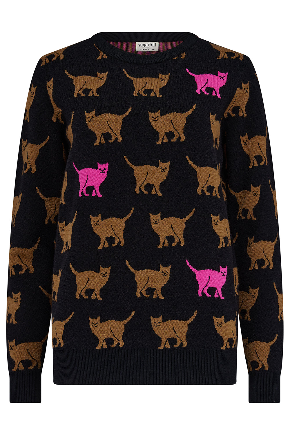 Black sweater with cat pattern, featuring a pink cat on a white background