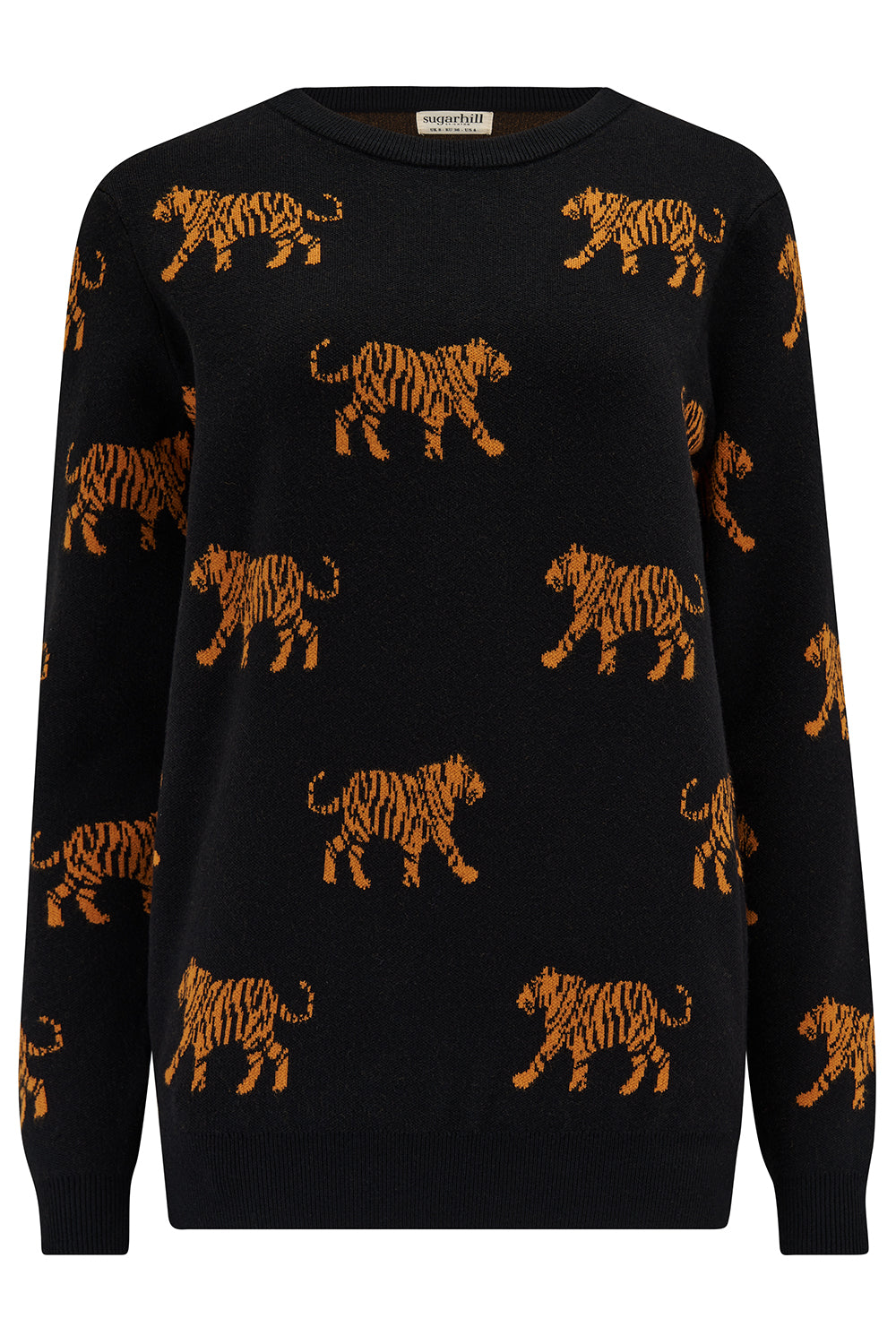 A black sweater with orange tiger patterns