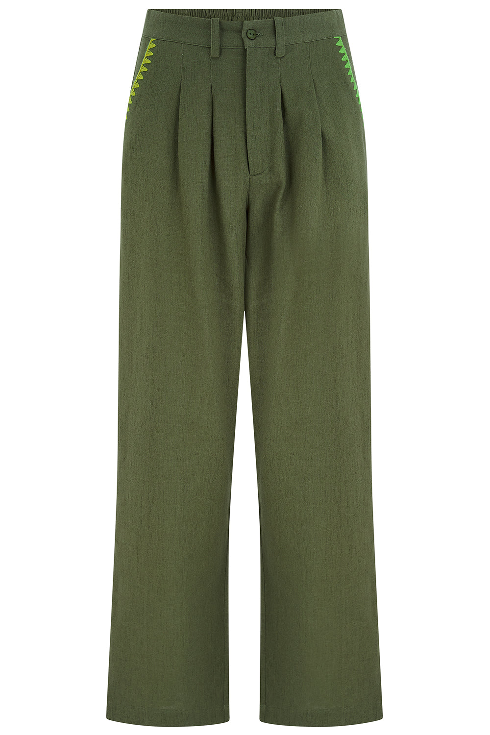 Green pleated pants with a white background