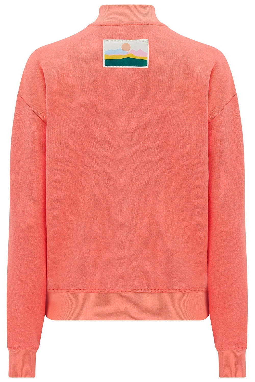 Coral sweatshirt with a colorful patch on the back against a white background