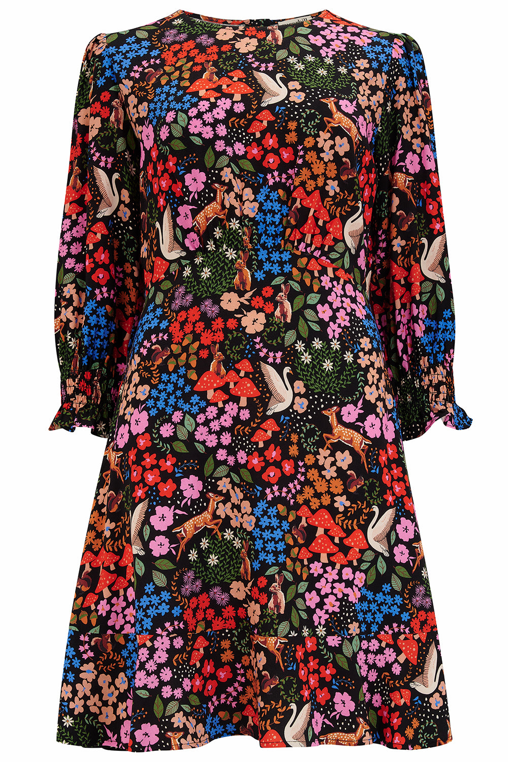 A multicolored floral dress with half-length blouson sleeves and a frill hem skirt.