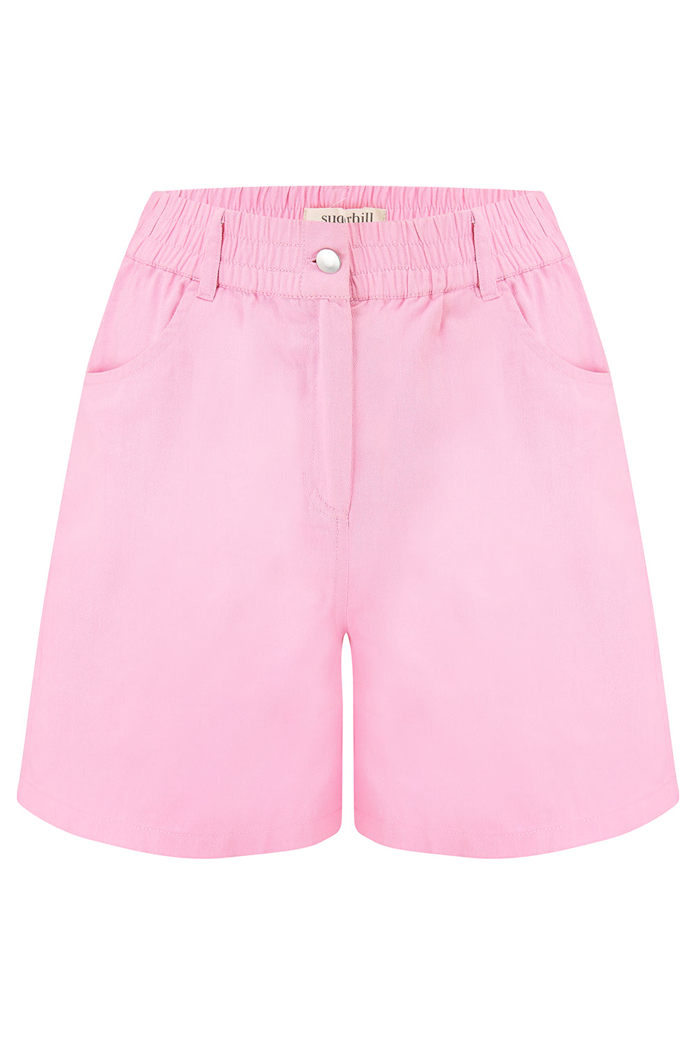 A bubblegum pink shorts with a smiley flower pocket