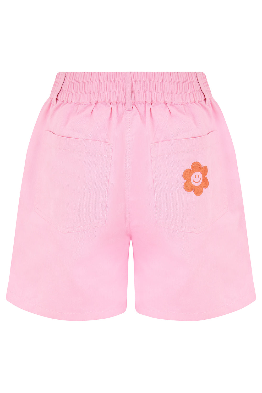 A bubblegum pink shorts with a smiley flower pocket