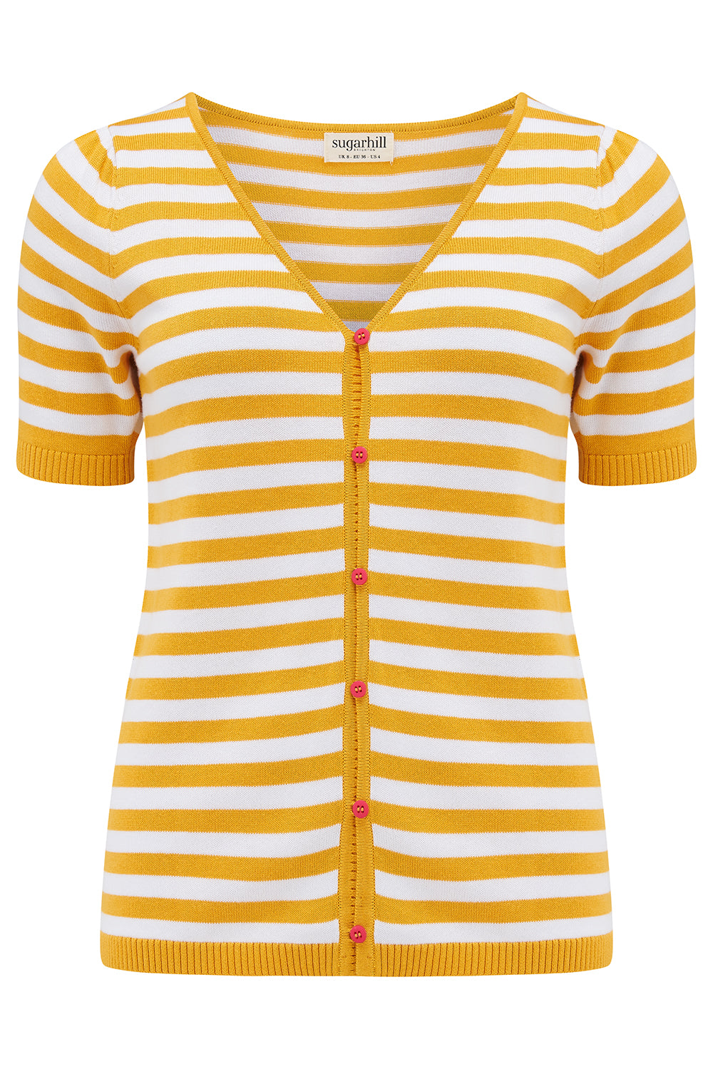 A striped yellow and off-white short-sleeved knit top with a V-neck and red buttons.
