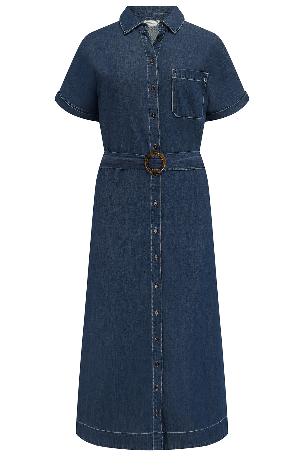 Blue denim dress with a belt on a white background